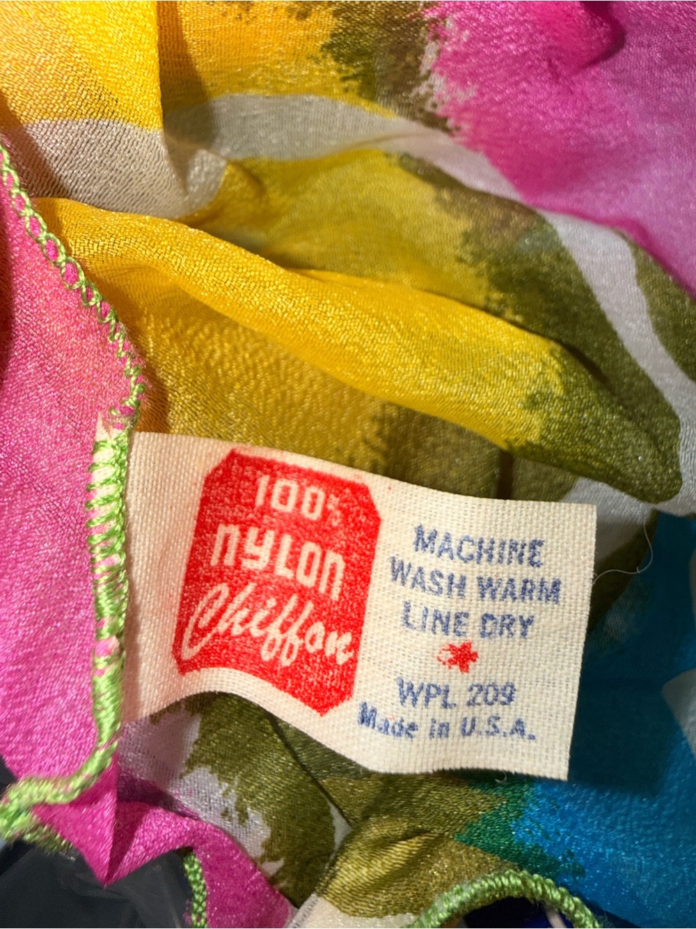 131. 1960s 100% nylon chiffon scarf with green, yellow, blue, and pink - Picture 4 of 4